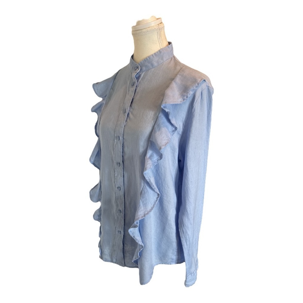 Lauren Ralph Lauren Linen Ruffle Button Down Blouse Light Blue Coastal M Preppy - Picture 6 of 13